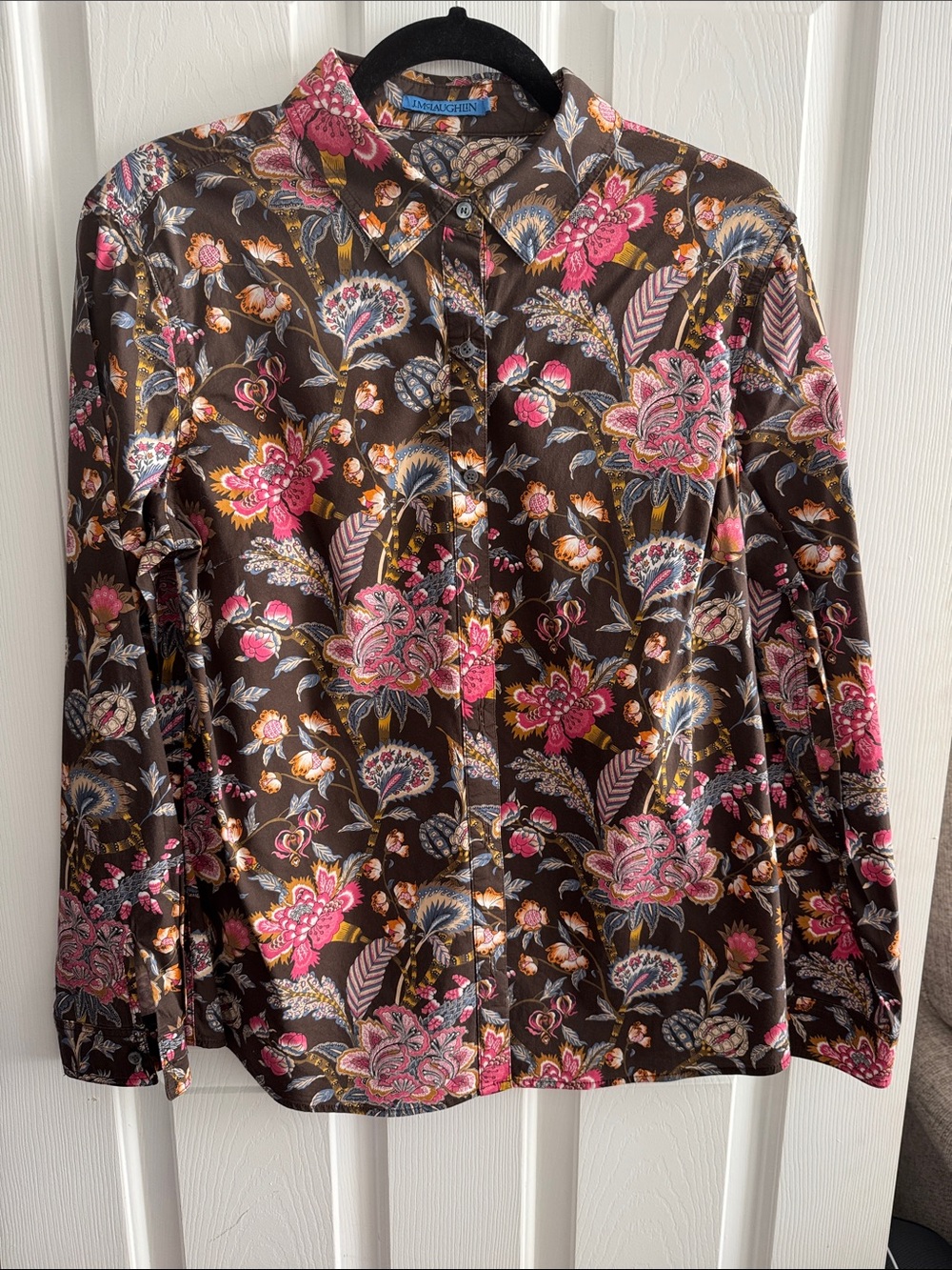 J. McLaughlin Brown Button-Down Shirt with Pink Floral Pattern